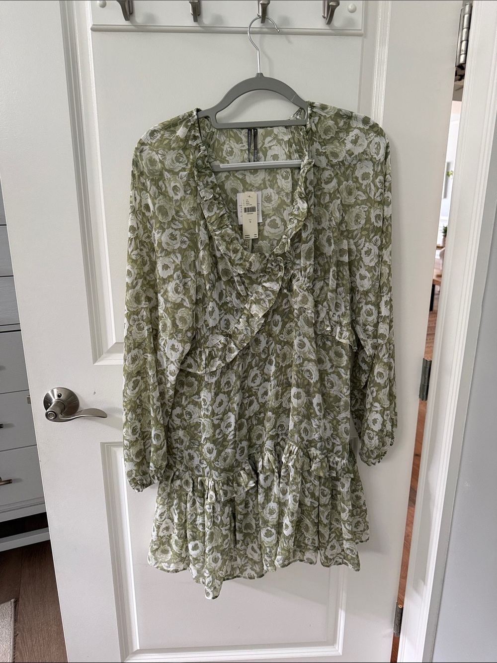 Anthropologie Olive Green and White Floral Long-Sleeve Mini Dress
